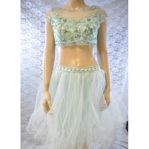 MASQUERADE PROM DRESS CROP TOP SKIRT TULLE GREEN